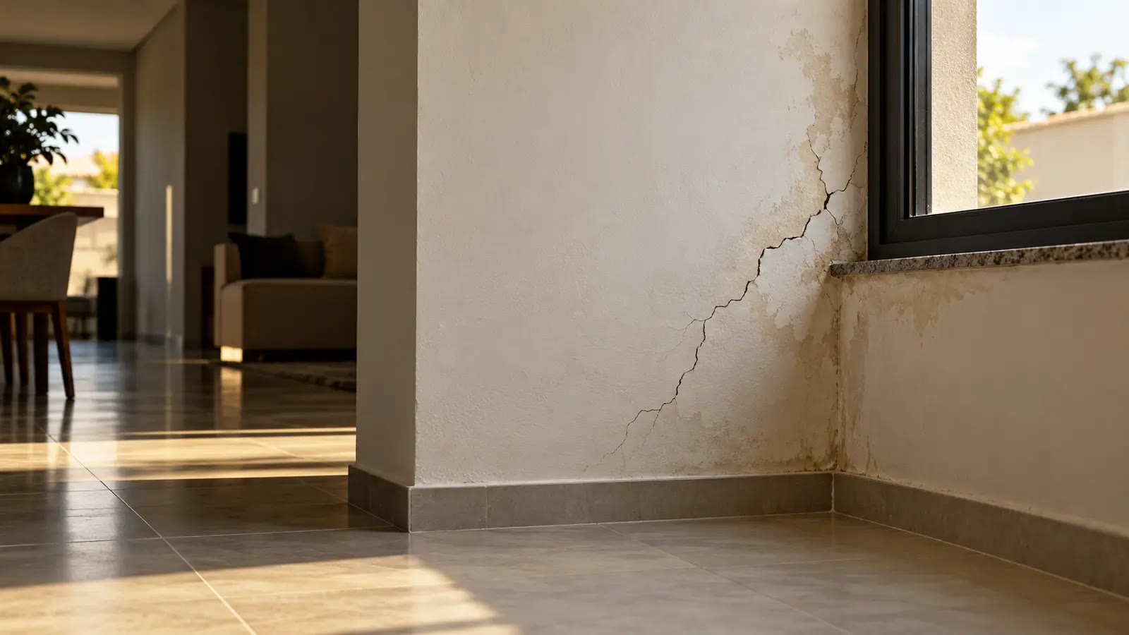 Parede de uma residência nova com uma trinca próxima à janela